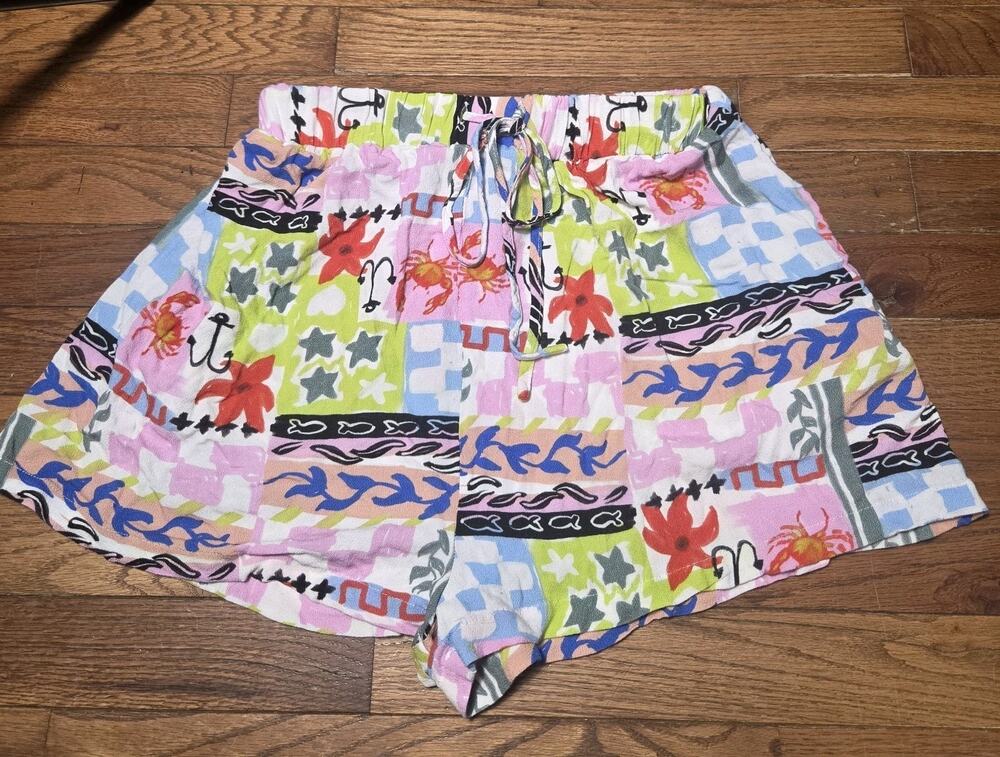 Princess Polly Womens Size 8 Shorts Colorful Patchwork Coastal Drawstring Mini